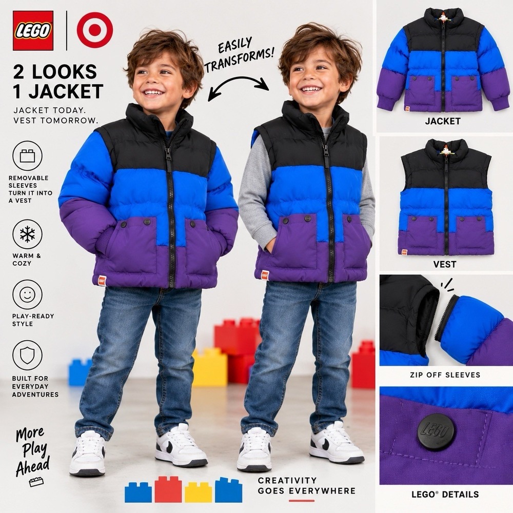 Lego vs Target Puffer Jacket Kids 4T Purple Blue Transformer Vest Full Zip